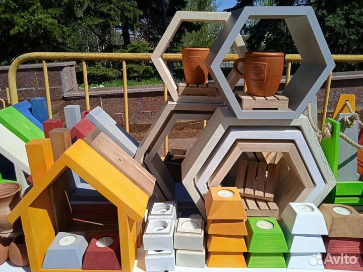 Полки Соты навесная деревянная, сосна и дуб