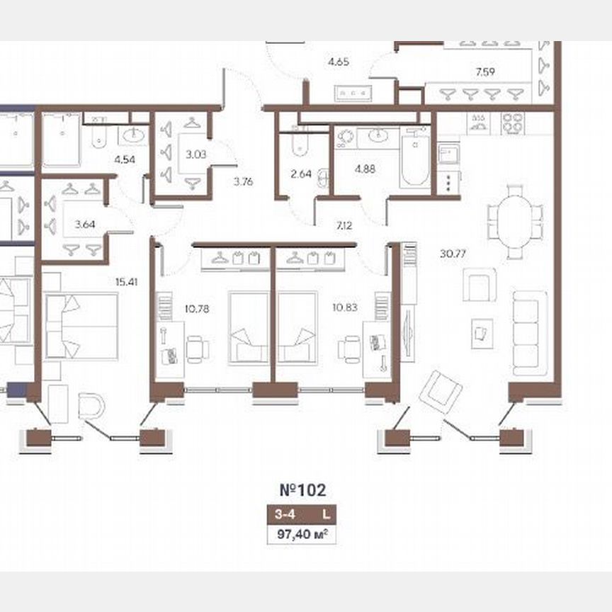 3-к. квартира, 97,4 м², 3/8 эт.