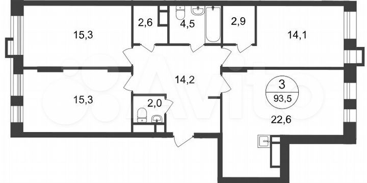 3-к. квартира, 93,5 м², 13/20 эт.