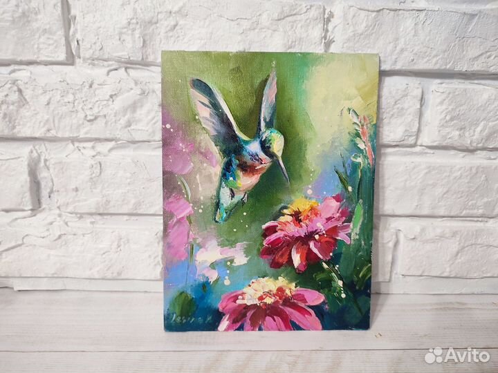 Маленькая картина маслом с колибри 24/18 см
