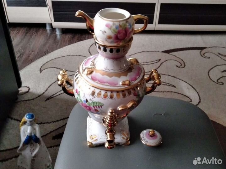 Самовар гжель,фарфор СССР с позолотой