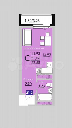 Квартира-студия, 22,7 м², 13/25 эт.