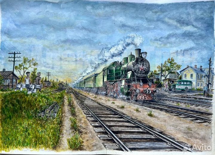 Картина ретро паровоз акварель