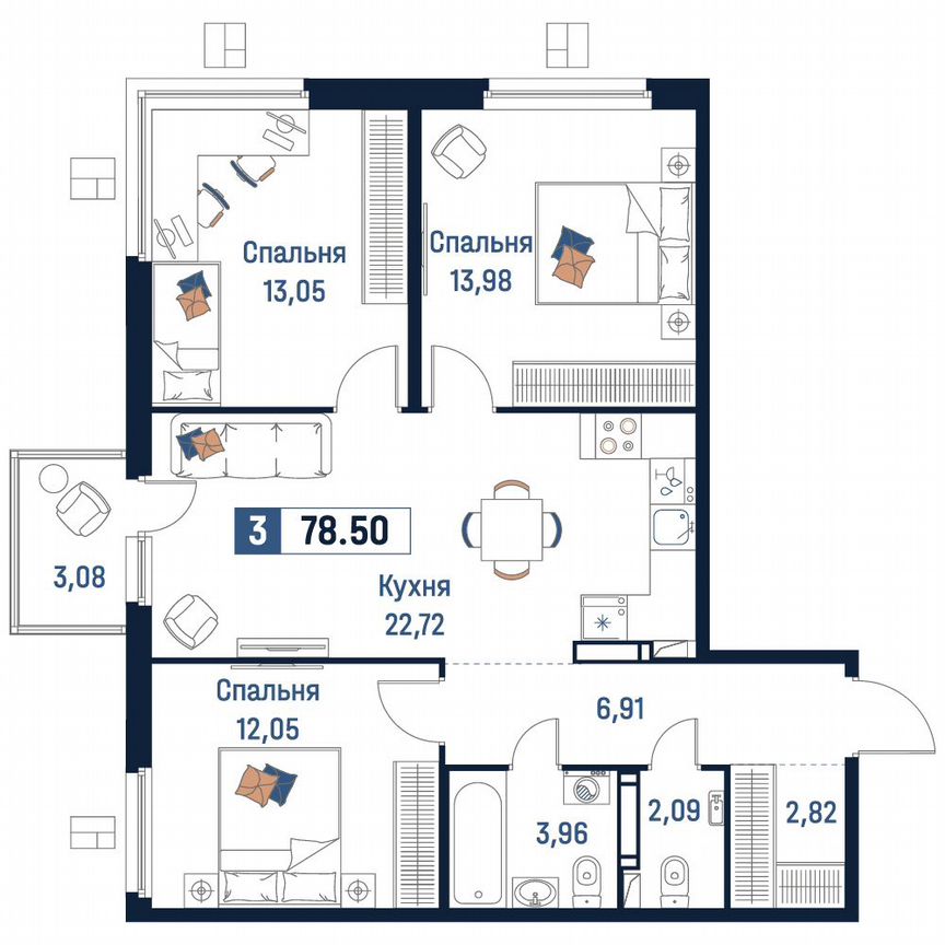 3-к. квартира, 78,5 м², 13/18 эт.