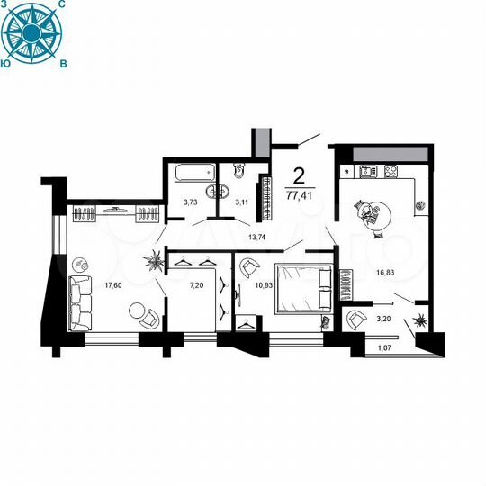 2-к. квартира, 77,4 м², 8/19 эт.