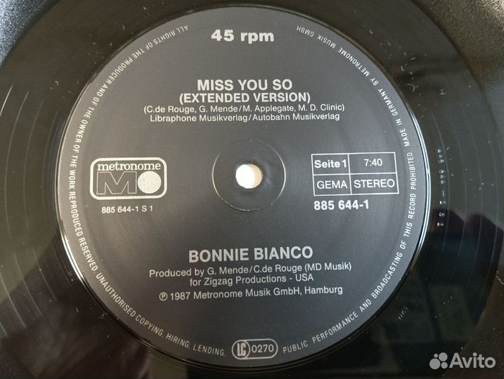 Bonnie Bianco Miss You So single винил 1987