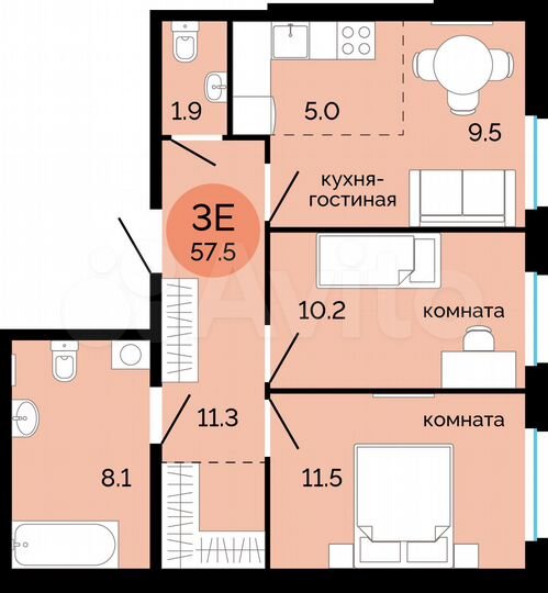 3-к. квартира, 57,5 м², 2/14 эт.