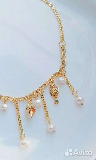 Колье цепь с подвесками с жемчугом