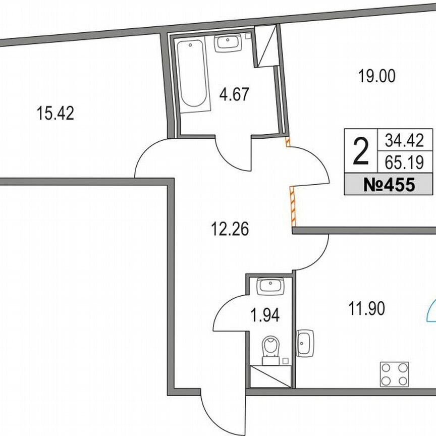 2-к. квартира, 65,2 м², 3/21 эт.