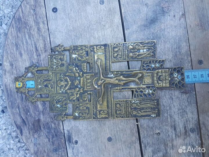 Большой старинный киотный крест со святыми, 25,5 с