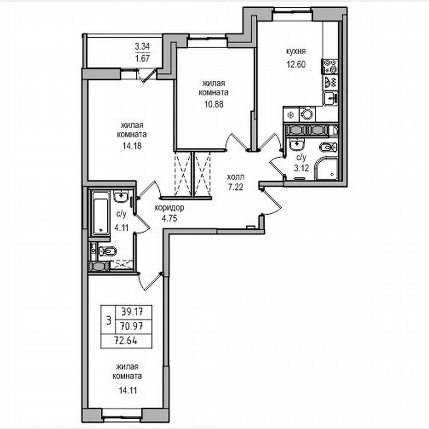 3-к. квартира, 72,6 м², 2/17 эт.
