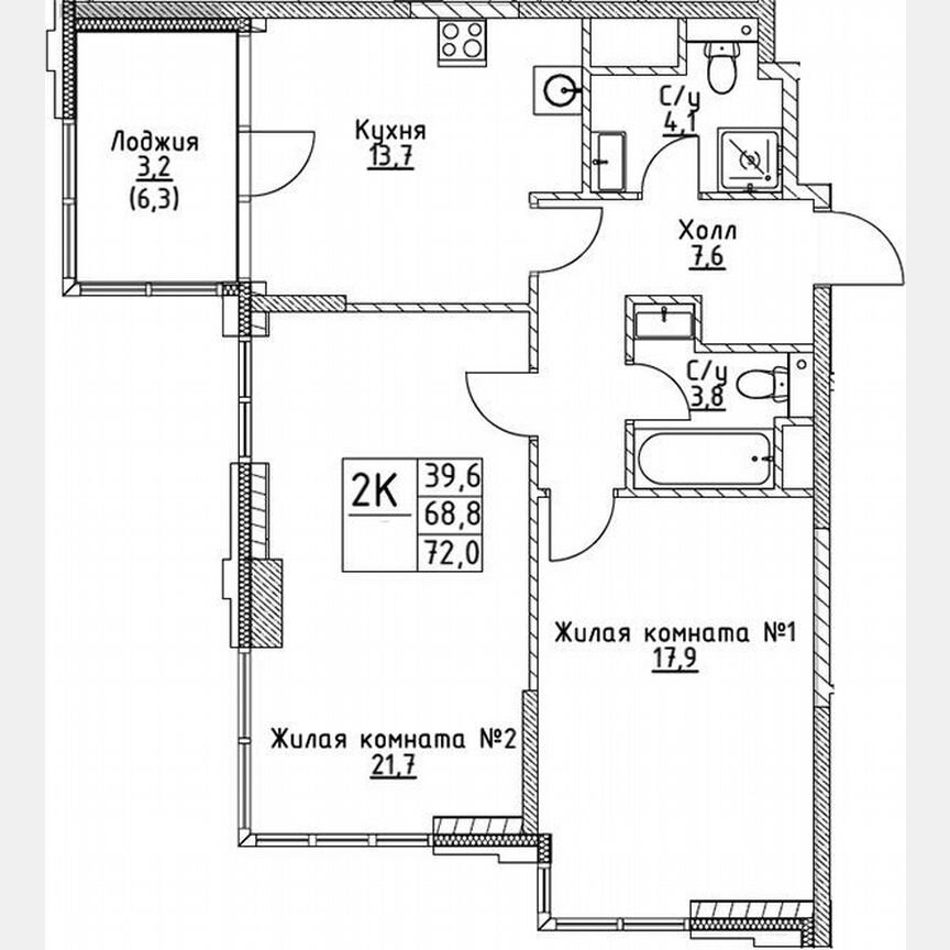 2-к. квартира, 68,8 м², 7/19 эт.