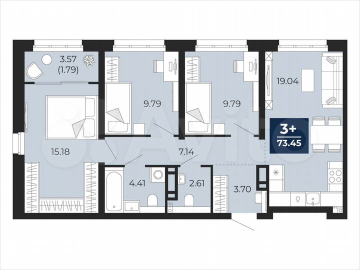 3-к. квартира, 73,5 м², 7/22 эт.