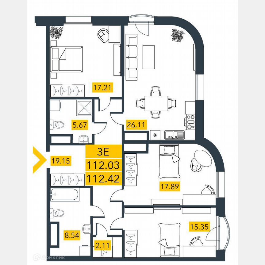 3-к. квартира, 112,6 м², 6/7 эт.