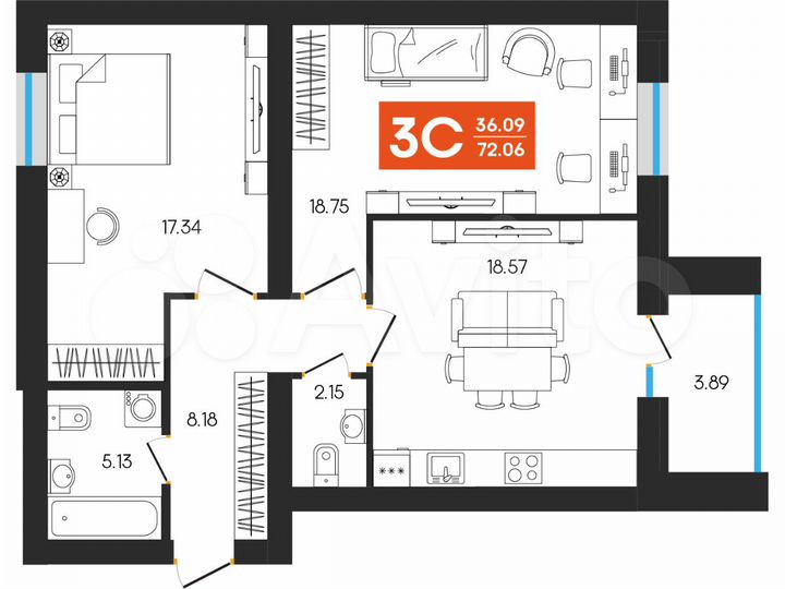 2-к. квартира, 72,1 м², 5/8 эт.