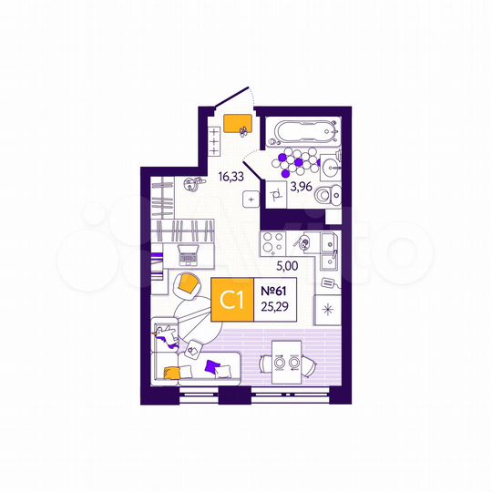 1-к. квартира, 25,3 м², 5/12 эт.