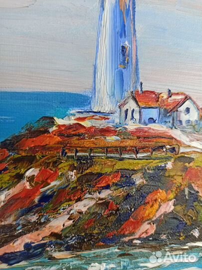 Картина маслом море маяк холст на картоне 30х40см