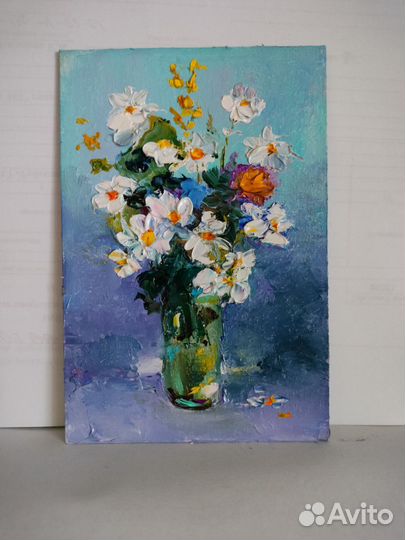 Маленькая картина маслом ромашки цветы полевые