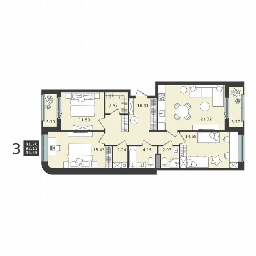 3-к. квартира, 95,6 м², 1/6 эт.