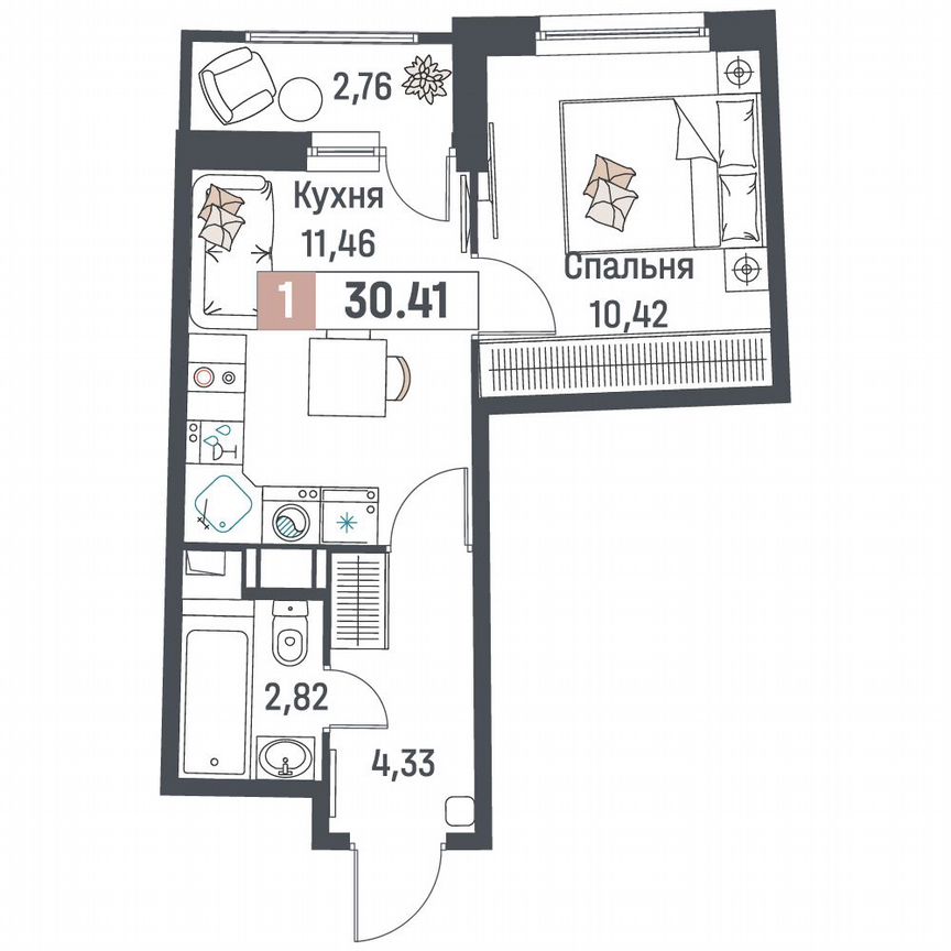 1-к. квартира, 30,4 м², 4/18 эт.