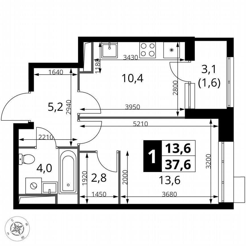 1-к. квартира, 37,6 м², 17/21 эт.