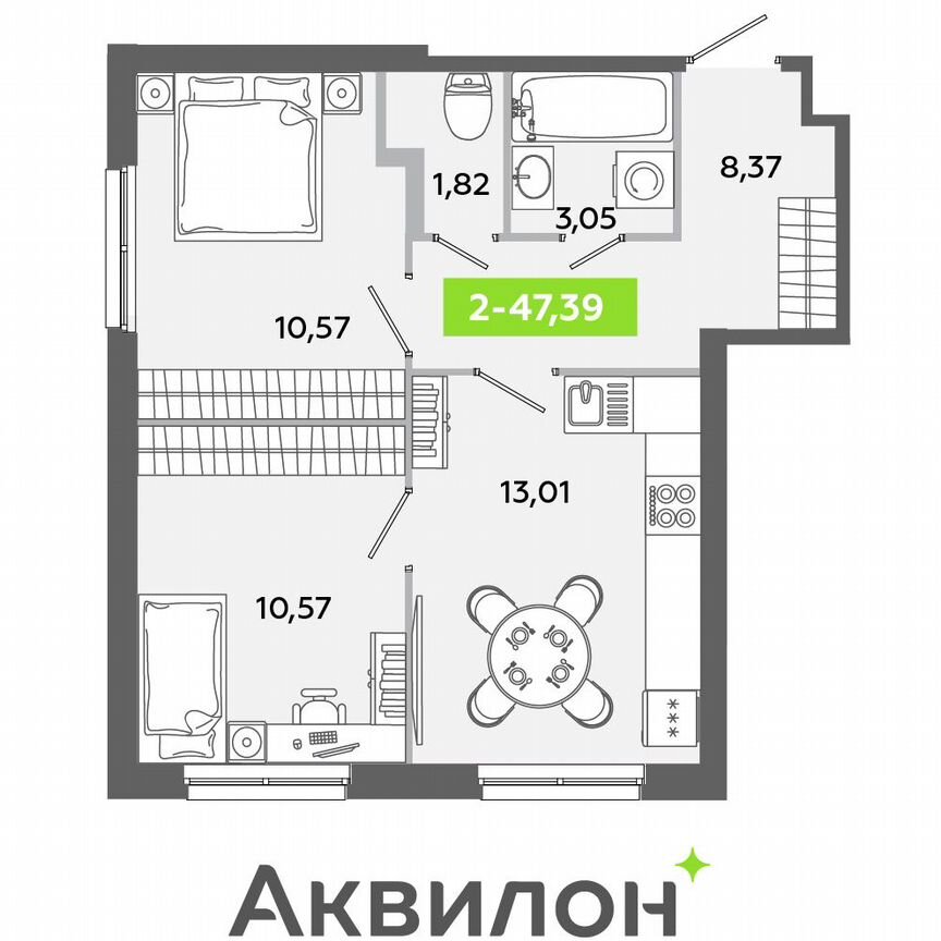 2-к. квартира, 47,4 м², 1/12 эт.