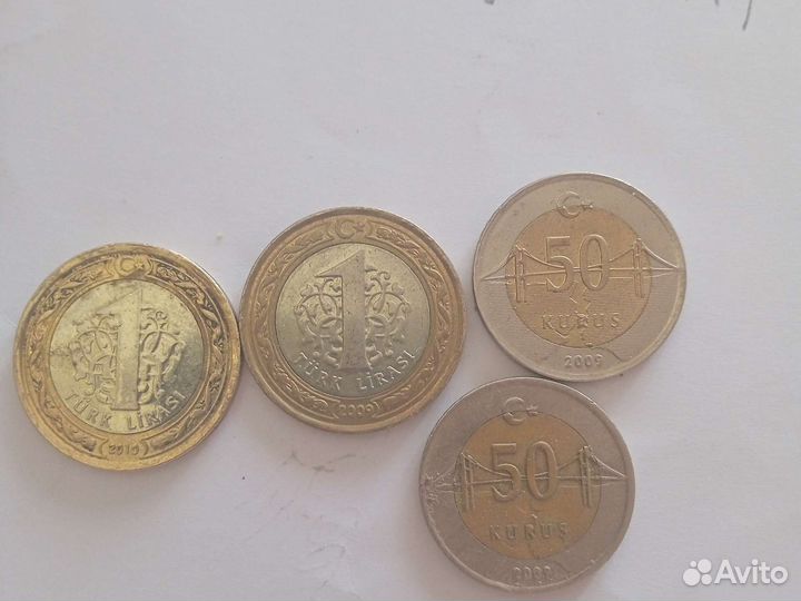 Продам монеты лиры 2 штуки-1 лира, 2 штуки 50куруш