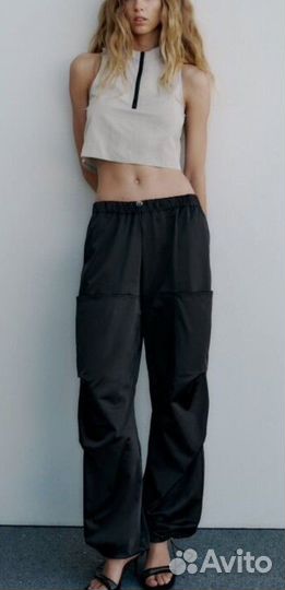 Брюки zara сатиновые карго s-m