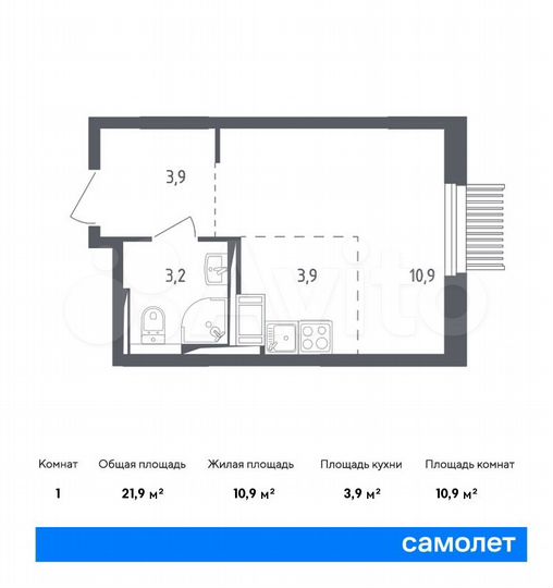 Квартира-студия, 21,9 м², 2/17 эт.