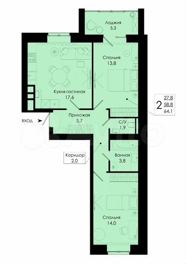 2-к. квартира, 64,1 м², 3/10 эт.