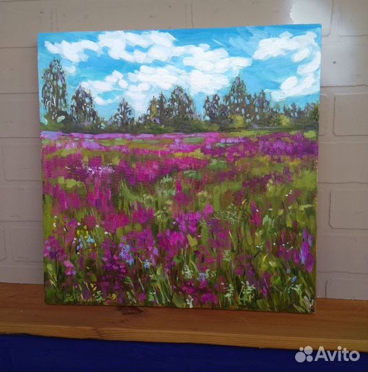 Картина летний пейзаж полевые цветы маслом 40*40см