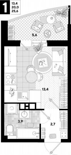 Квартира-студия, 25,6 м², 4/16 эт.