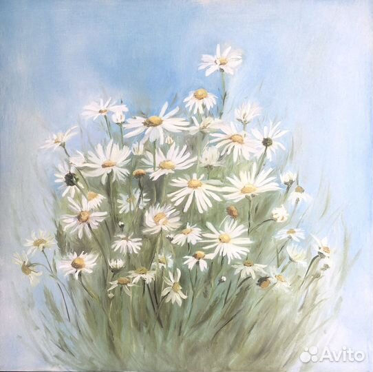 Итерьерная Картина цветы маслом ромашки голубая