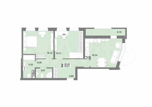 2-к. квартира, 75,9 м², 8/12 эт.