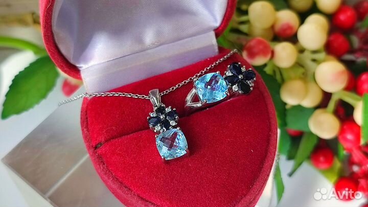 Комплект с цепочкой: топазы/сапфиры, 17,5р-р, s925