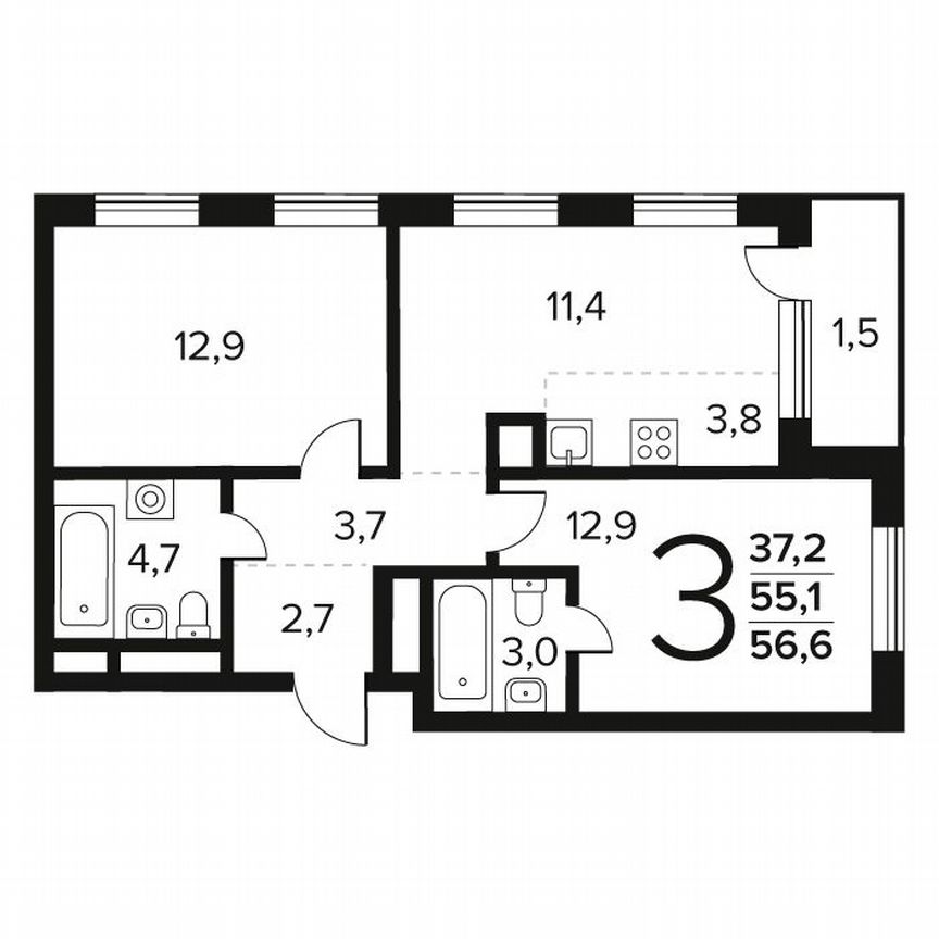 3-к. квартира, 56,6 м², 7/11 эт.