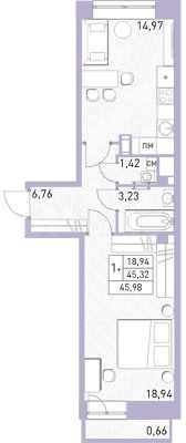 2-к. квартира, 46 м², 15/17 эт.