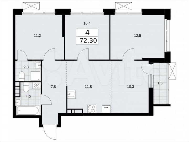 4-к. квартира, 72,3 м², 8/16 эт.