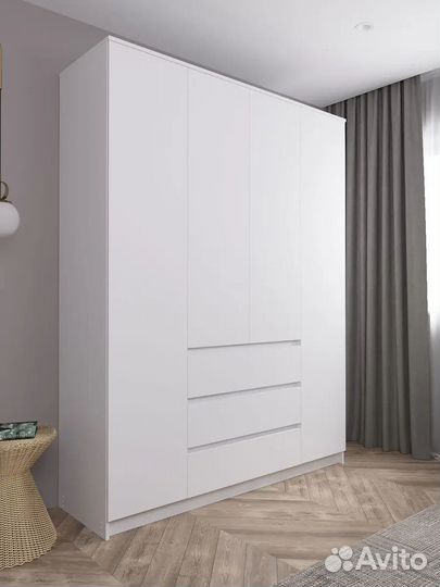 Шкаф для одежды 4 дверный с 3 ящиками белый