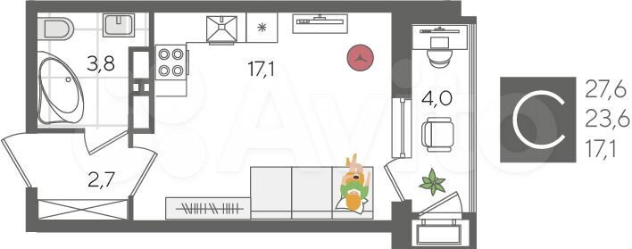 Квартира-студия, 27,6 м², 14/24 эт.
