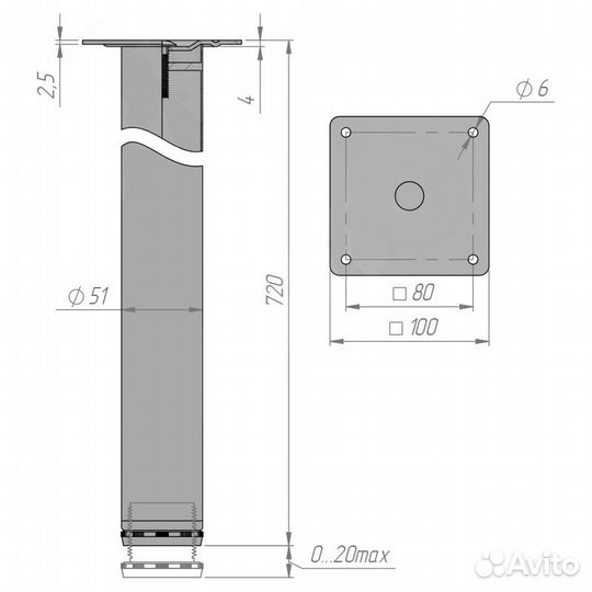 Опора для стола круглая, D50, H720+20 мм, черный
