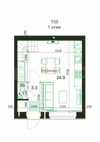 3-к. квартира, 55 м², 1/2 эт.