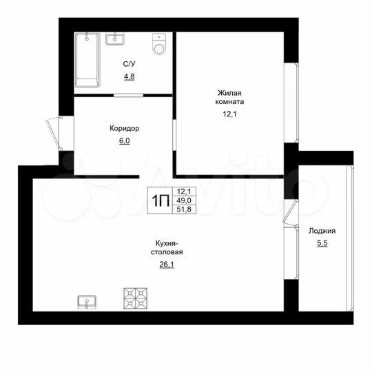 1-к. квартира, 51,8 м², 1/4 эт.