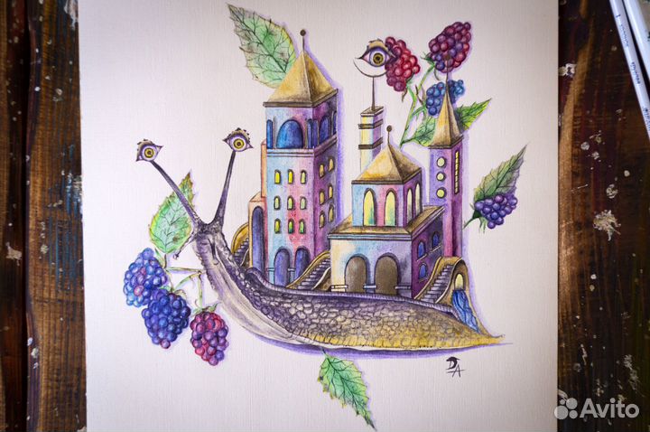 Картина акварель Улитка с архитектурой