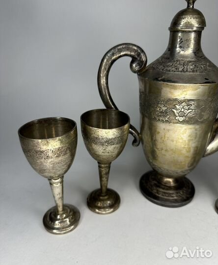 Старинный коньячный набор, латунь серебрение