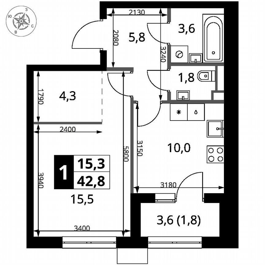 1-к. квартира, 42,8 м², 11/16 эт.