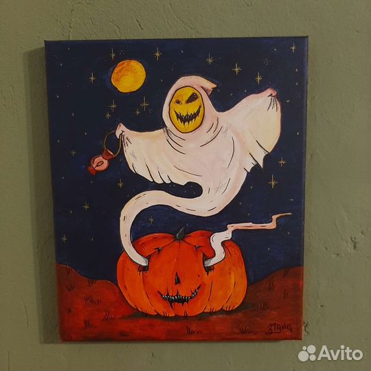 Картина акрил, хеллоуин с тыквой и привидением