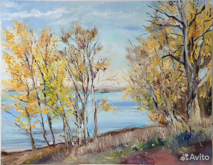 Картина маслом. Осень на берегу
