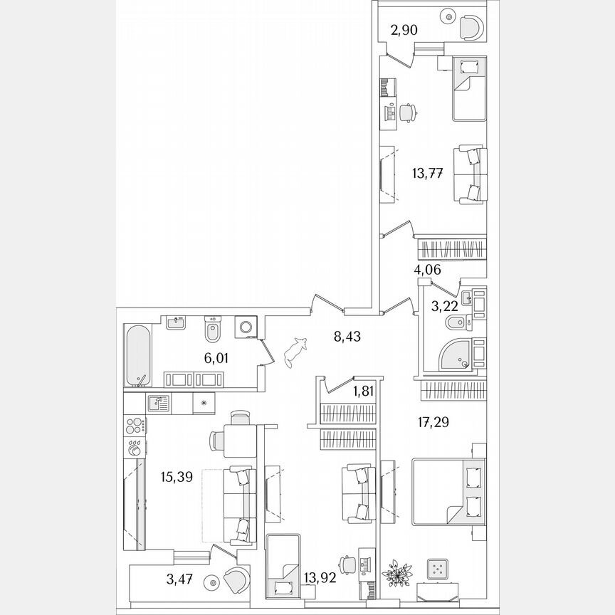 3-к. квартира, 87,1 м², 14/17 эт.