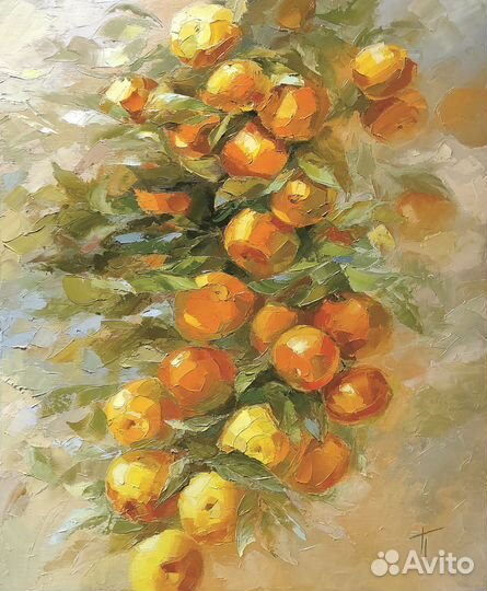 Картина маслом Мандарины дерево оранжевый бежевый